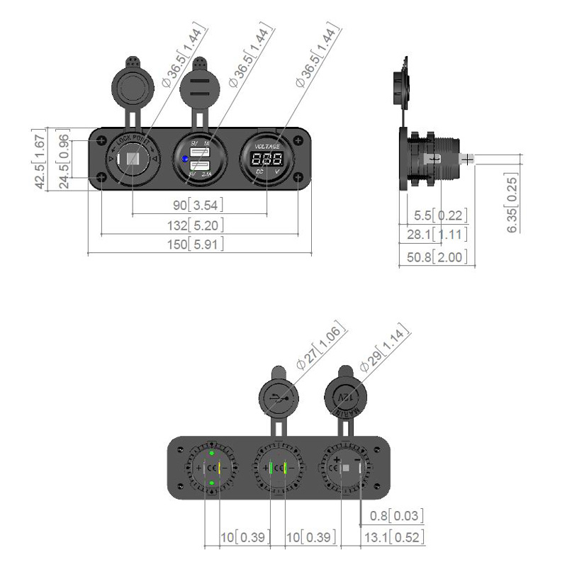 Adaptateur USB d'Encastré 3-en-1 2xUSB 5V-2,1A&1A/Ind. Volt/Prise/Input 12V-24V