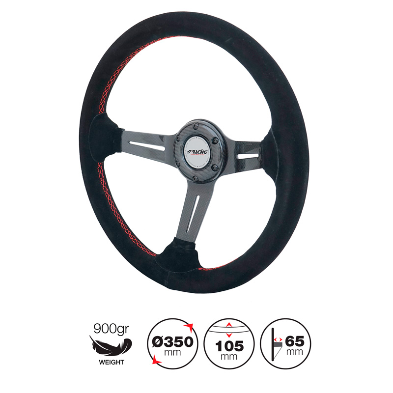 Simoni Racing Volant Universel Tommi - Carbone - Suède Noir + Couture Rouge - Diamètre 350mm