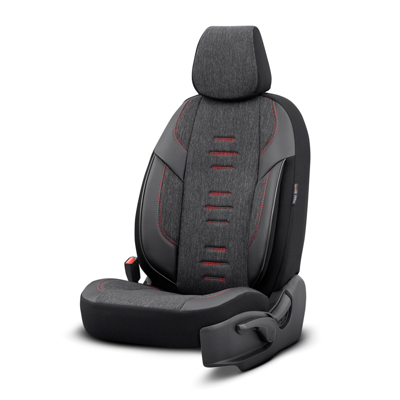Housse de sièges universel en toile/cuir/textile 'Throne' Noir/Gris/Rouge - 11-pièces - adapté aux Side-Airbags