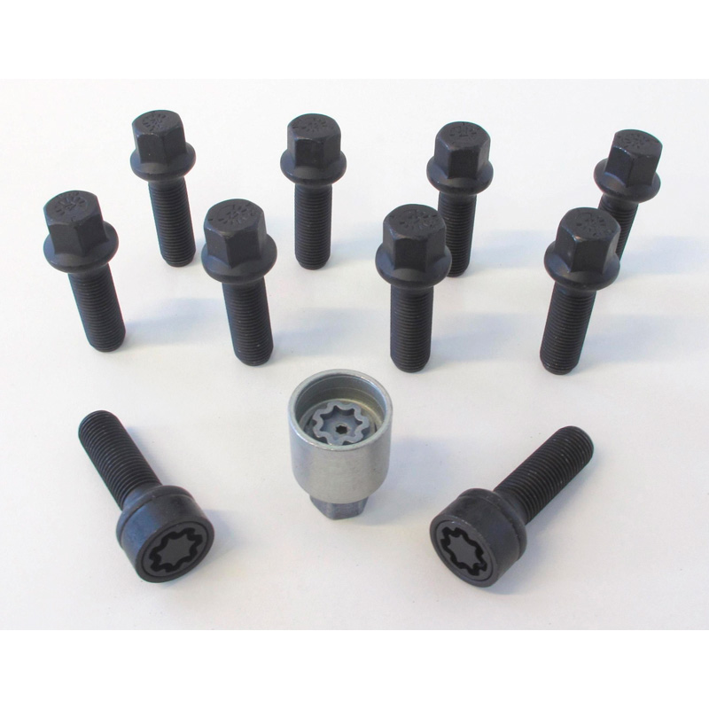Jeu de Boulons de roue H&R sphérique R14 M14x1.50 - Longueur 68mm - Noir - 10 pièces - antivol de roue inclus