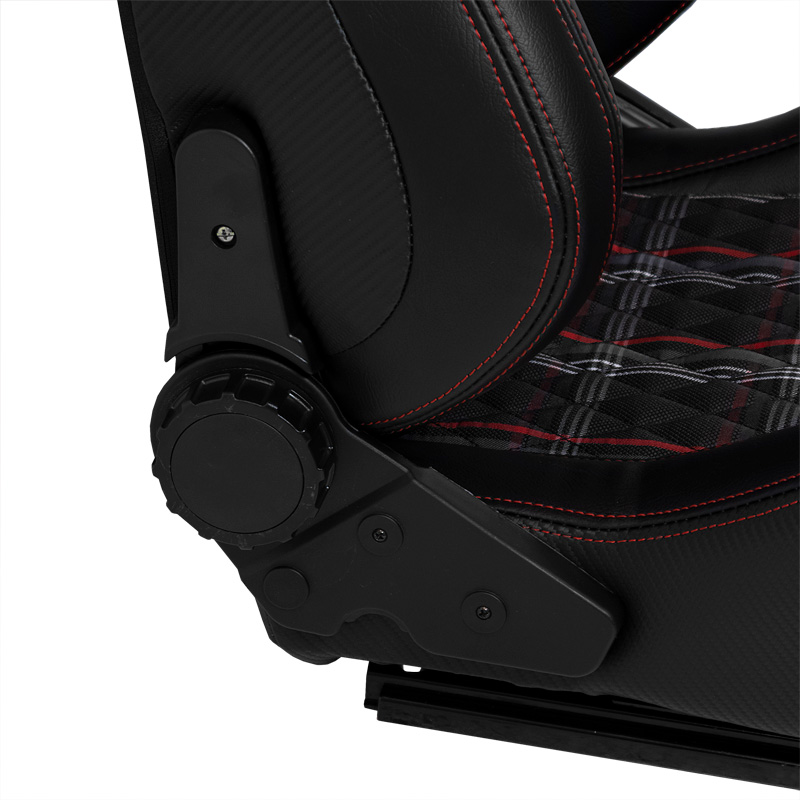 Siège baquet 'GT' - Simili Cuir Noir + Tissu en motif à carreaux Rouge + Surpiqûres Rouge - Dossier réglable - incl. glissières