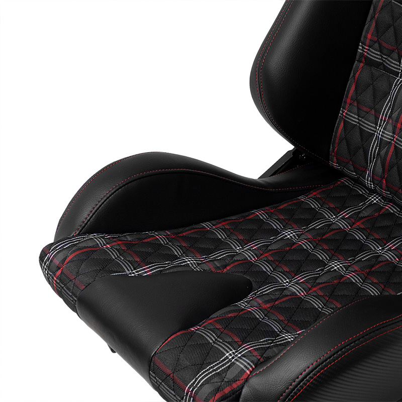 Siège baquet 'GT' - Simili Cuir Noir + Tissu en motif à carreaux Rouge + Surpiqûres Rouge - Dossier réglable - incl. glissières