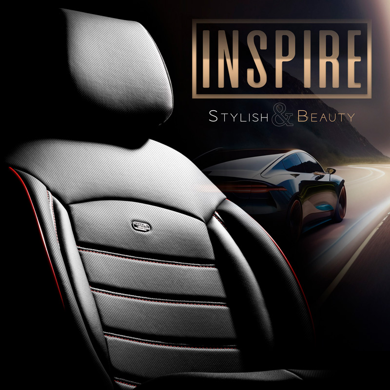 Housse de sièges universel en plein cuir 'Inspire' Noir + Lisière rouge - 11-pièces - adapté aux Side-Airbags