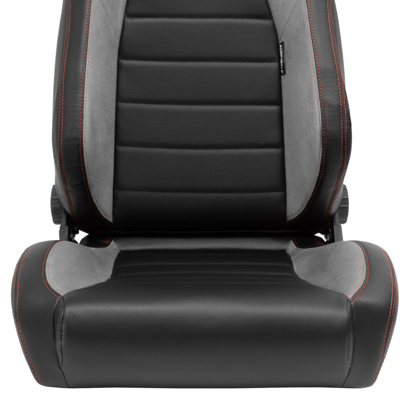 Siège baquet 'VGR' - Simili Cuir Noir + Textile/Suede Gris clair + Surpiqûres rouge - Dossier réglable - incl. glissières