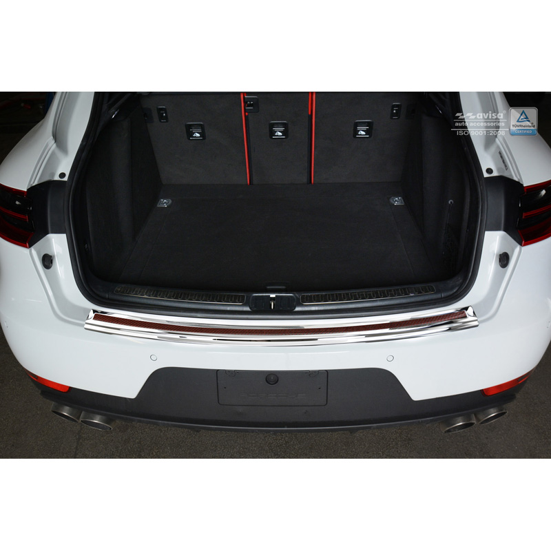 Protection de seuil arrière inox 'Deluxe' sur mesure pour Porsche Macan 2014- Chromé/Carboné noir-rouge