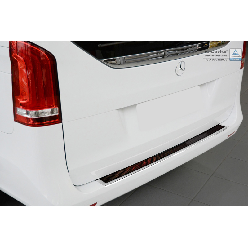 Protection de seuil arrière inox 'Deluxe' sur mesure pour Mercedes Vito W447 2014-2019 & Facelift 2019- Chromé/Carboné noir-rouge
