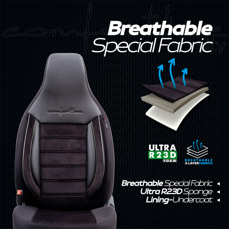 Housse de sièges 'CityBug' universel en velours/textile 'Comfortline' Noir/Gris - 9-pièces - adapté aux Side-Airbags
