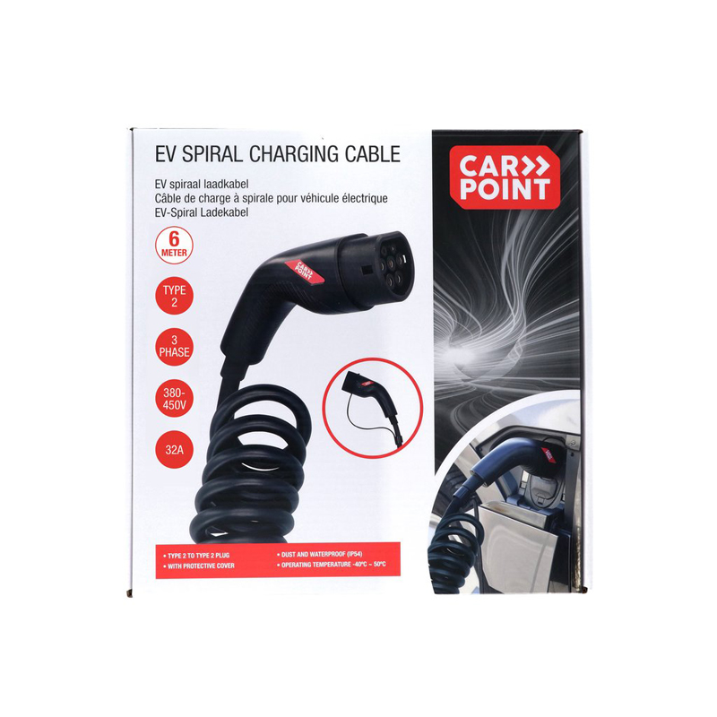 Câble de charge à spirale Carpoint pour véhicule électrique Type 2>2 32 AMP triphasé 6 mètres