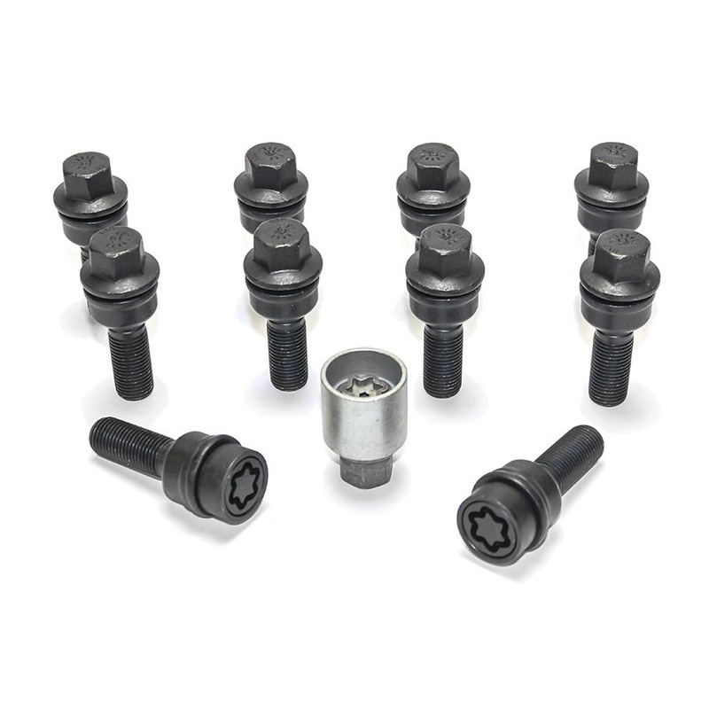Jeu de Boulons de roue H&R sphérique avec cône mobile R14 M14x1.50 - Longueur 38mm - Noir - 10 pièces (p.e. sur mesure pour Audi Q3, Q5) - antivol de roue inclus
