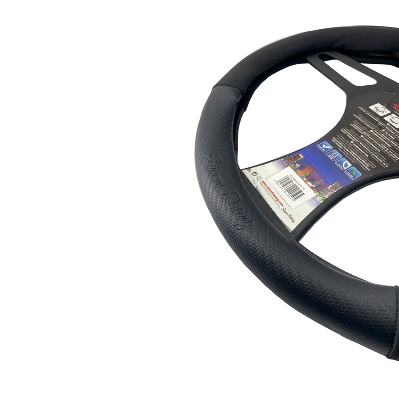 Simoni Racing Couvre-Volant Sporty - Eco-Cuir Noir/Microfibre/Aspect Carbone + Marquage Jaune - 37-39cm