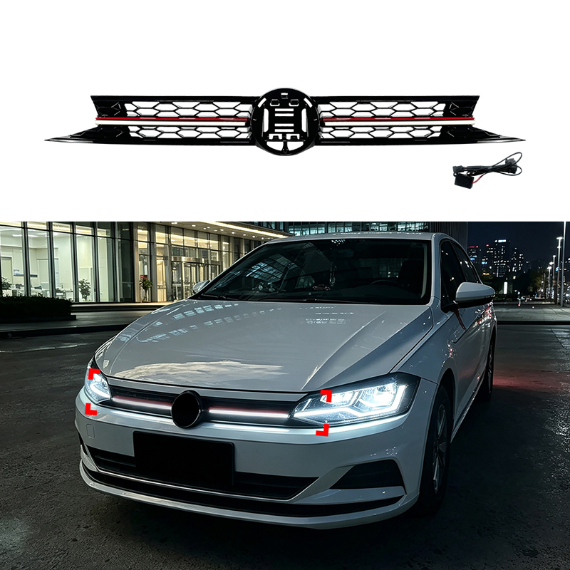 Grill en Optique-GTI avec Bande-LED sur mesure pour Volkswagen Polo VI (AW1) 2017-2021