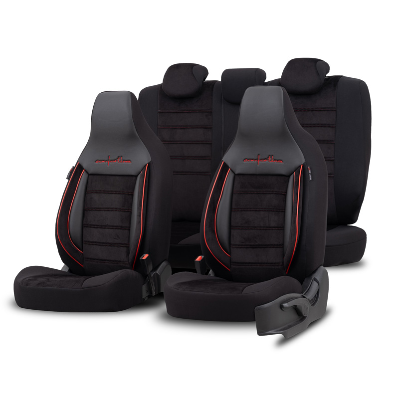 Housse de sièges 'CityBug' universel en velours/textile 'Comfortline' Noir/Rouge - 9-pièces - adapté aux Side-Airbags