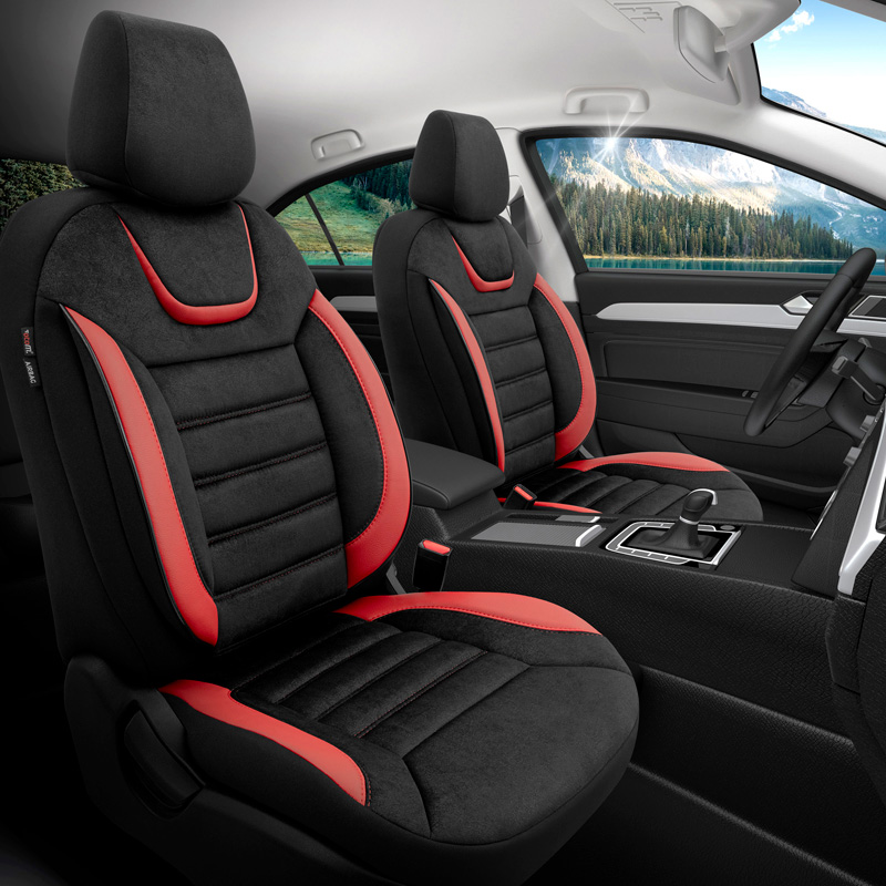 Housse de sièges universel en suede/cuir/textile 'Iconic' Noir/Rouge - 11-pièces - adapté aux Side-Airbags