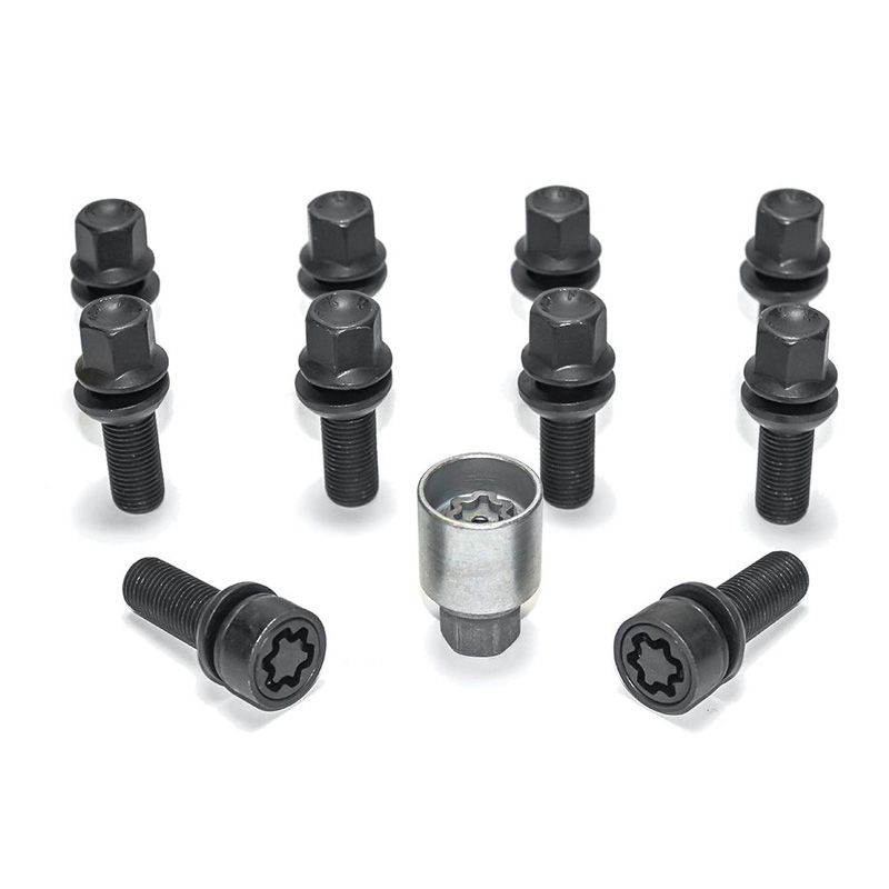 Jeu de Boulons de roue H&R sphérique avec cône mobile R13 M14x1.50 - Longueur 42mm - Noir - 10 pièces (p.e. sur mesure pour Audi S5) - antivol de roue inclus