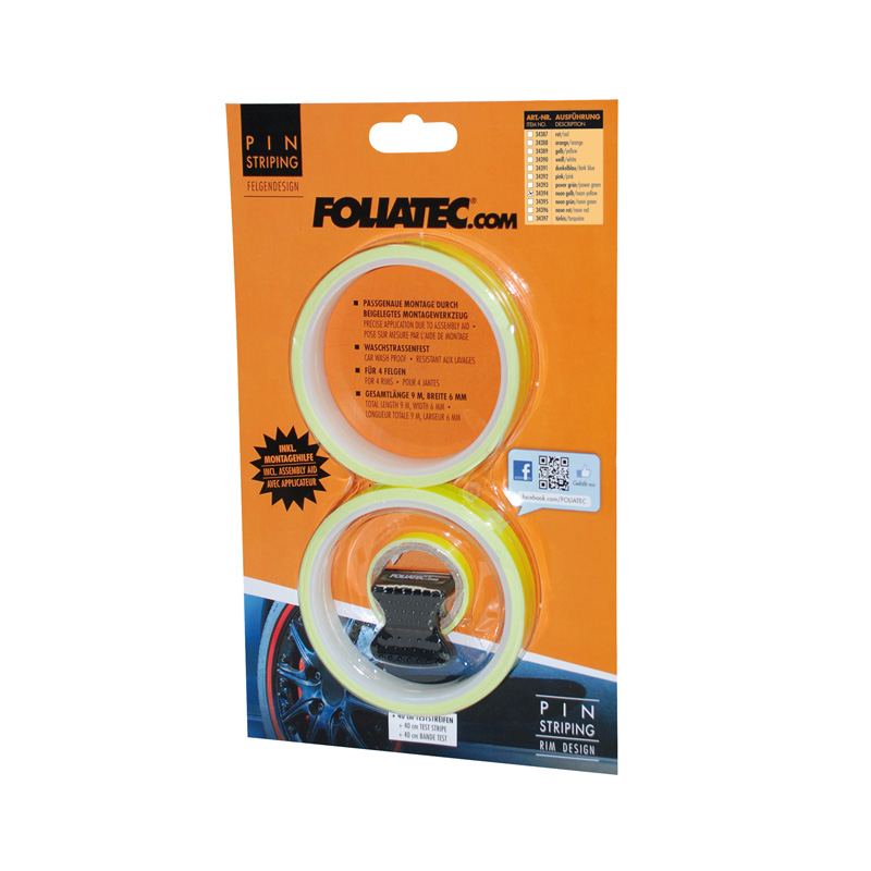 Foliatec PIN Striping pour jantes incl. pièce de montage - neon jaune - 4 bandes 6mmx2,15mètre & 1 teste 6mmx40cm