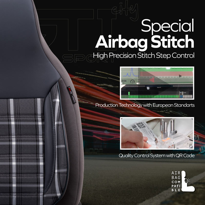 Housse de sièges 'CityBug' universel en textile 'Sports' Noir/Gris/Blanc - 9-pièces - adapté aux Side-Airbags