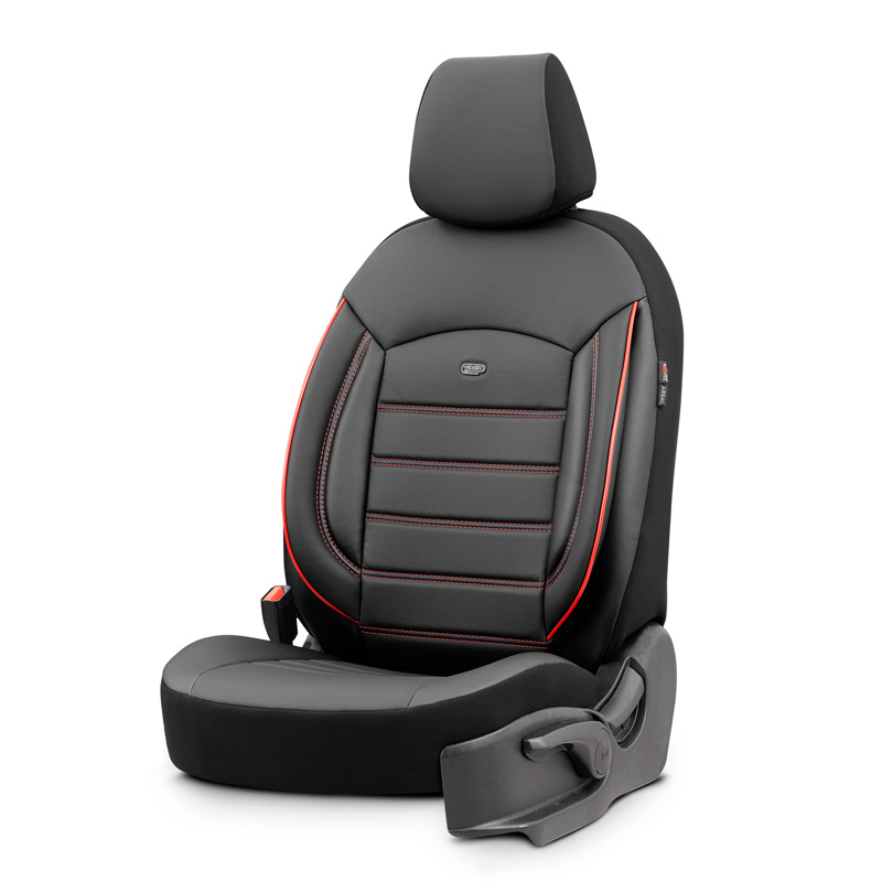 Housse de sièges universel en plein cuir 'Inspire' Noir + Lisière rouge - 11-pièces - adapté aux Side-Airbags