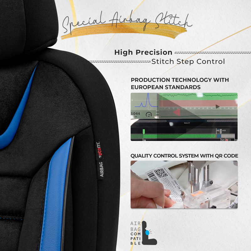 Housse de sièges universel en suede/cuir/textile 'Iconic' Noir/Bleu - 11-pièces - adapté aux Side-Airbags