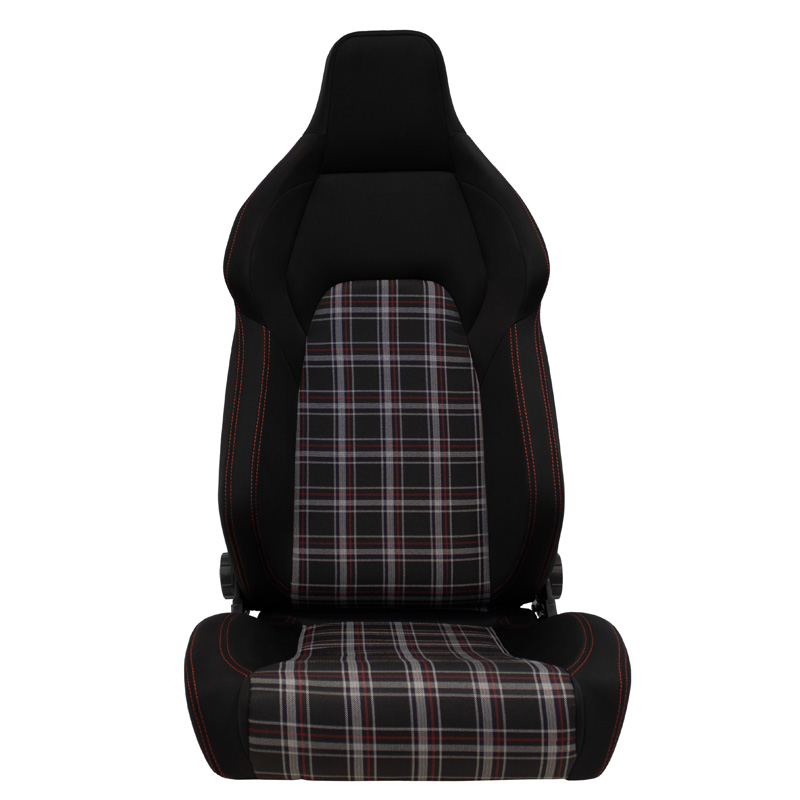 Siège baquet 'VGR' - Tissu Noir + Tissu en motif à carreaux Rouge + Surpiqûres Rouge - Dossier réglable - incl. glissières