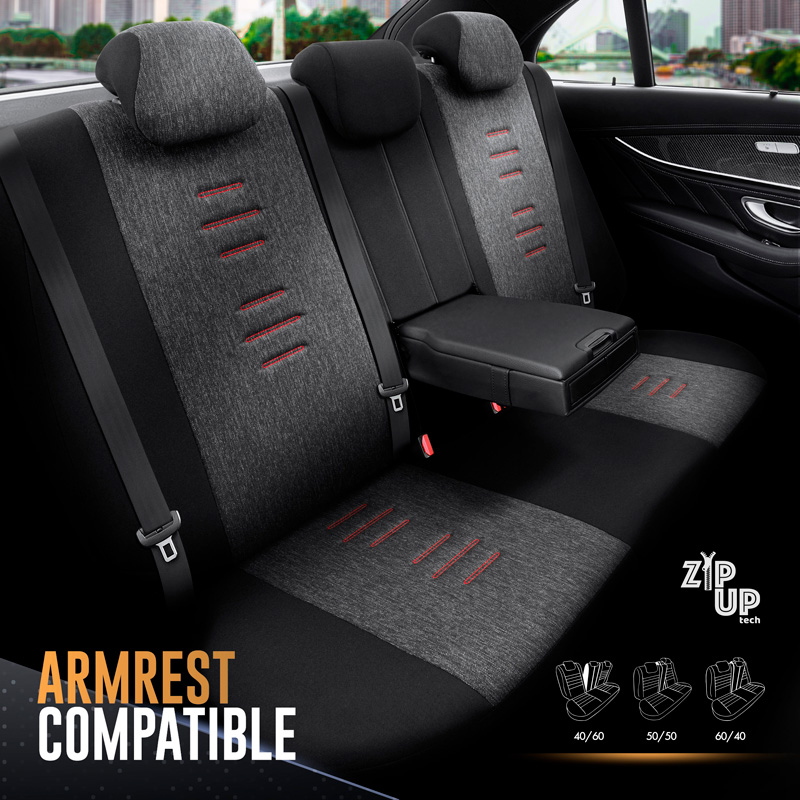 Housse de sièges universel en toile/cuir/textile 'Throne' Noir/Gris/Rouge - 11-pièces - adapté aux Side-Airbags