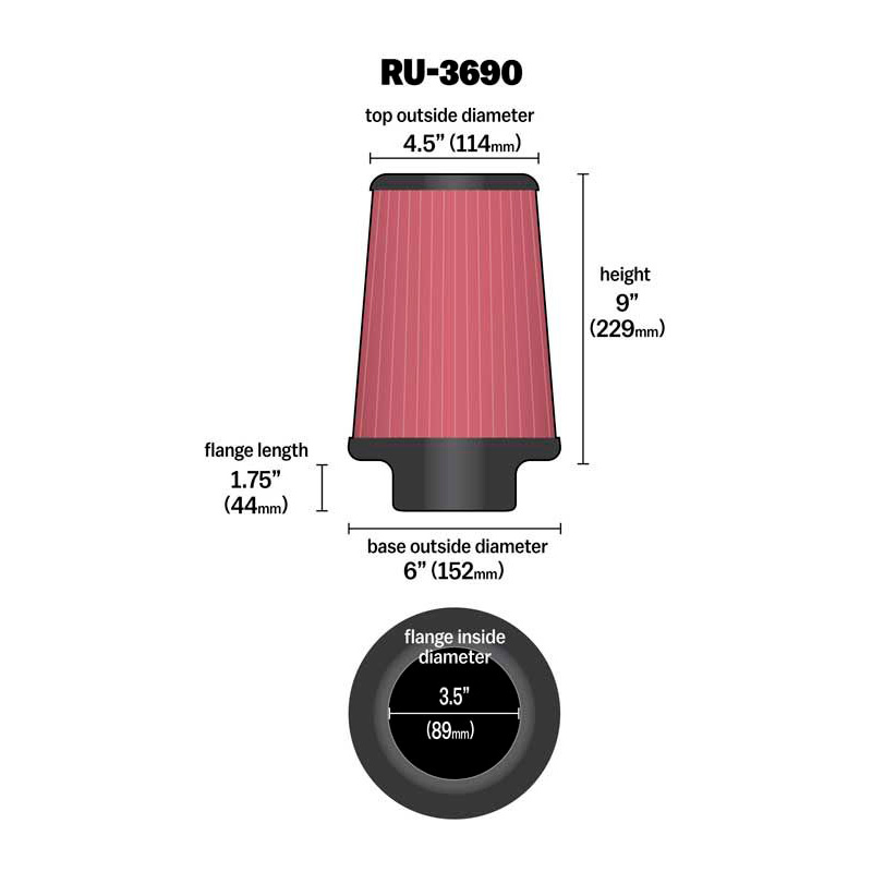 K&N Filtre à Air Universel Conique 89mm raccordement, 152mm de base, 114mm en haut, hauteur 229mm (RU-3690)