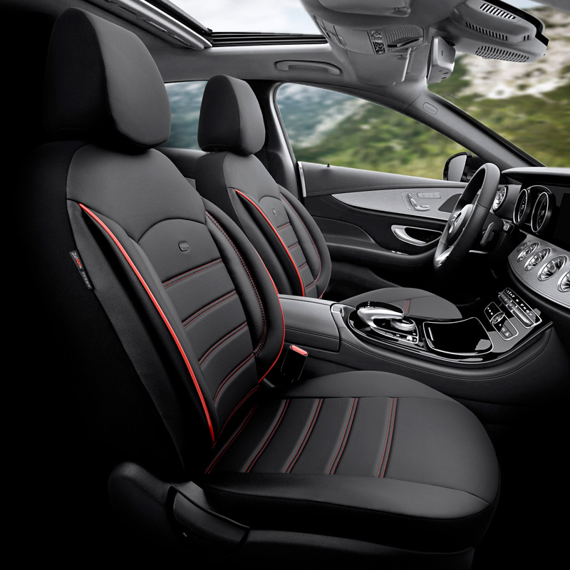 Housse de sièges universel en plein cuir 'Inspire' Noir + Lisière rouge - 11-pièces - adapté aux Side-Airbags
