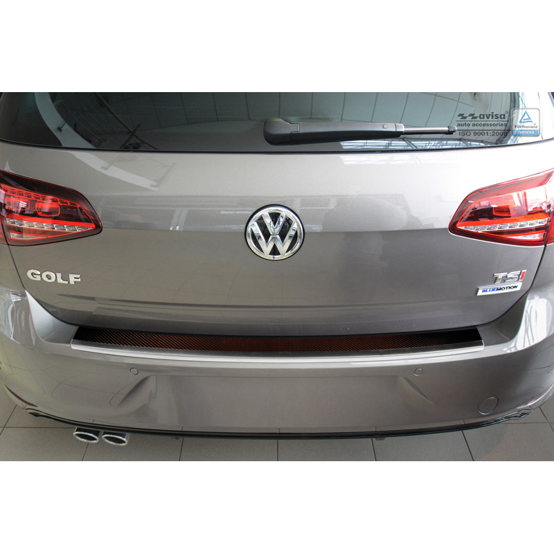 Protection de seuil arrière inox 'Deluxe' sur mesure pour Volkswagen Golf VII HB 3/5-portes 2012-2019 Chromé/Carboné noir-rouge