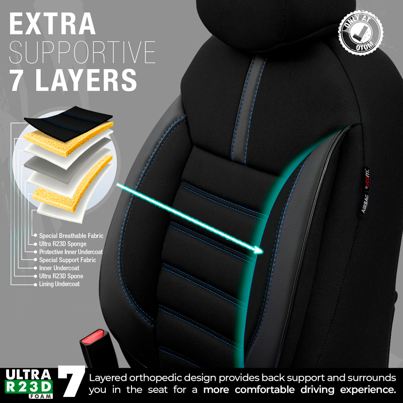 Housse de sièges universel en textile/cuir 'Limited' Noir + Surpiqûres bleu - 11-pièces - adapté aux Side-Airbags