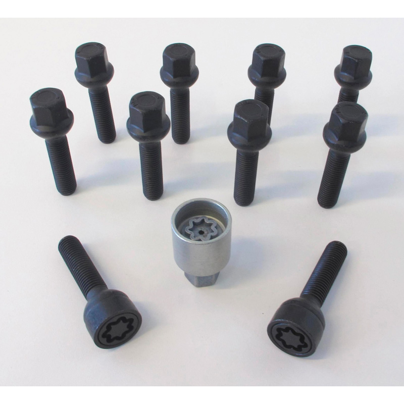 Jeu de Boulons de roue H&R sphérique R13 M14x1.50 - Longueur 28mm - Noir - 10 pièces (sur mesure pour p.e. VAG) - antivol de roue inclus