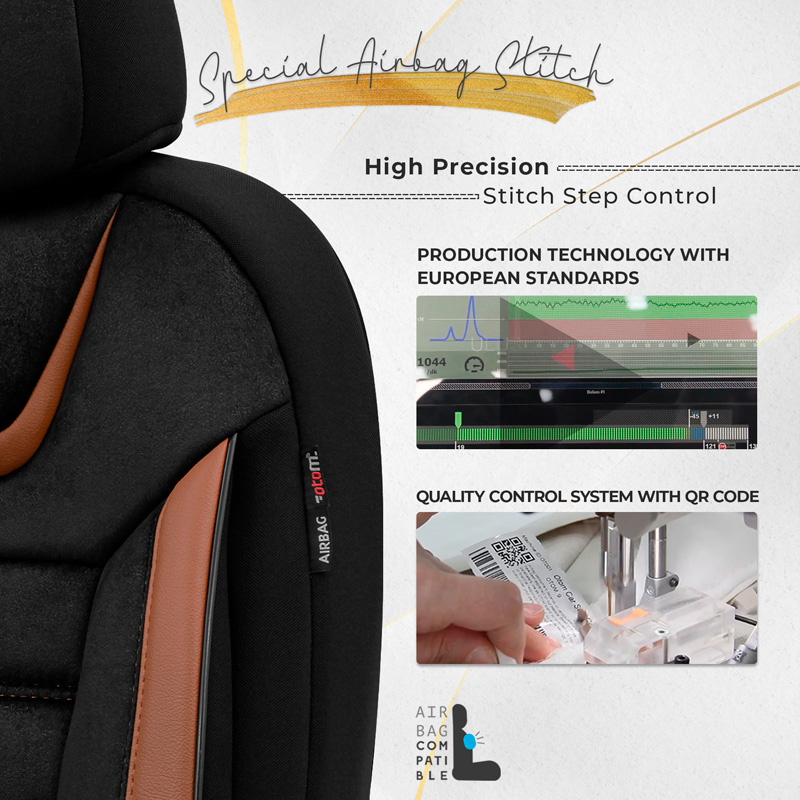 Housse de sièges universel en suede/cuir/textile 'Iconic' Noir/Terrecotta - 11-pièces - adapté aux Side-Airbags
