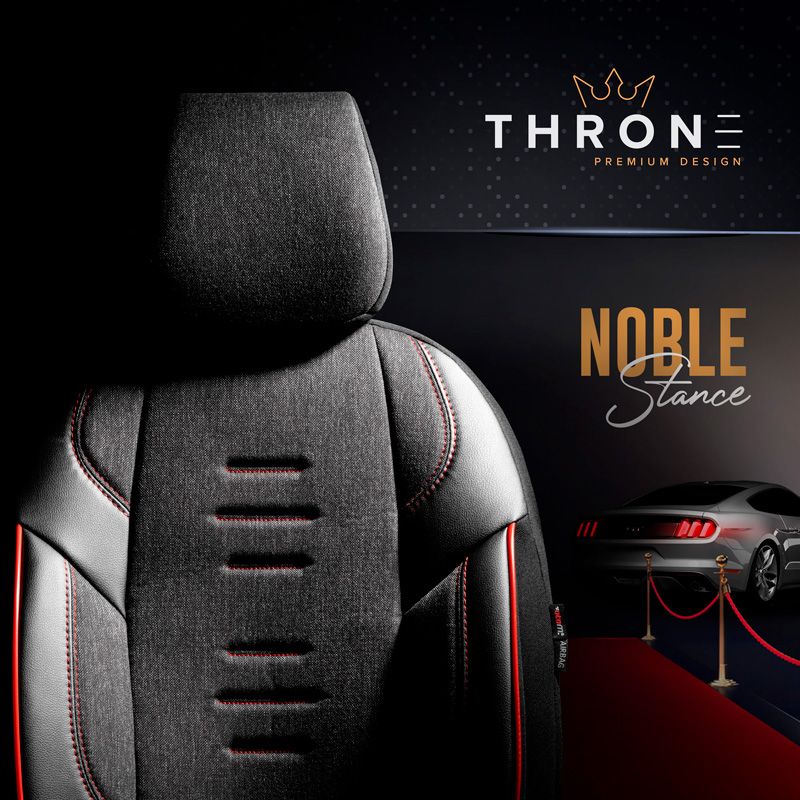 Housse de sièges universel en toile/cuir/textile 'Throne' Noir/Gris/Rouge - 11-pièces - adapté aux Side-Airbags