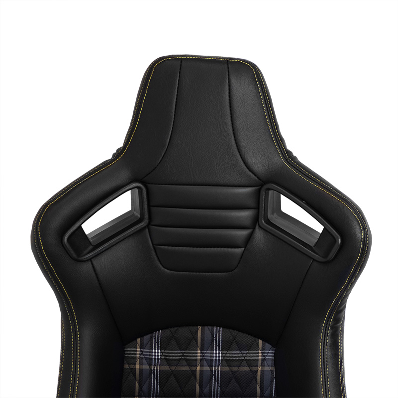 Siège baquet 'GT' - Simili Cuir Noir + Tissu en motif à carreaux Jaune + Surpiqûres Jaune - Dossier réglable - incl. glissières