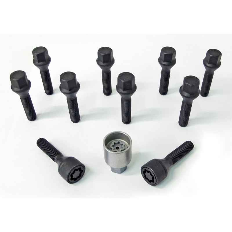 Jeu de Boulons de roue H&R conique M12x1.50 - Longueur 48mm - Noir - 10 pièces - antivol de roue inclus