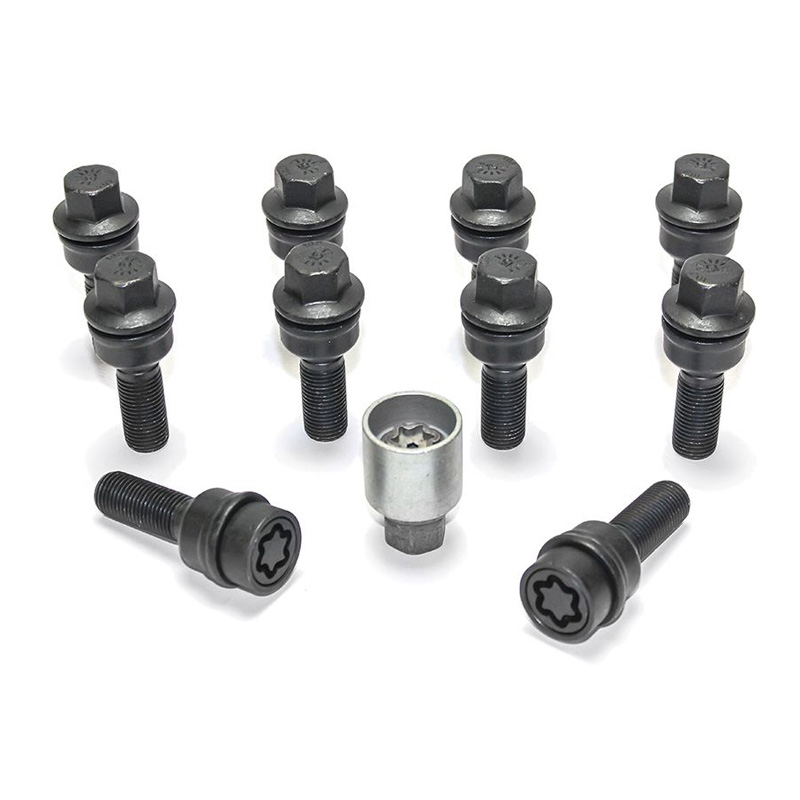 Jeu de Boulons de roue H&R sphérique avec cône mobile R14 M14x1.50 - Longueur 35mm - Noir - 10 pièces (p.e. sur mesure pour Audi Q3, Q5) - antivol de roue inclus