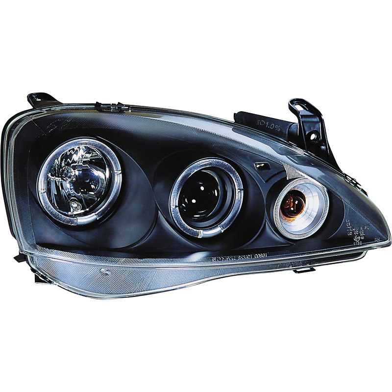 Set de Phares sur mesure pour Opel Corsa C 3/5-portes 2000-2004 - Noir - incl. anneaux Angel-Eyes