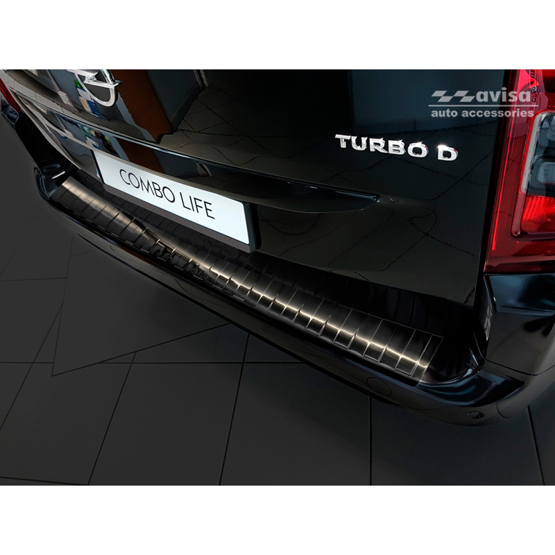 Protection de seuil arrière inox noir sur mesure pour Citroën Berlingo (Multispace) & Peugeot Partner 2008-2015 & 2015-2018 & 2018- & Peugeot Rifter 2018- & Opel Combo E 2018- & Toyota Proace City/Verso 2019- & Fiat Doblo 2022-