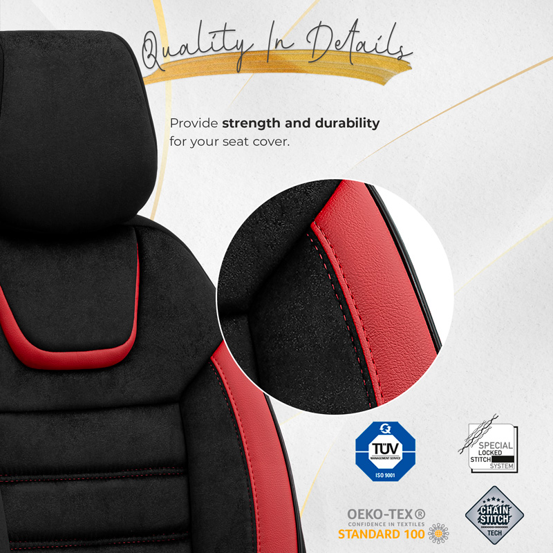 Housse de sièges universel en suede/cuir/textile 'Iconic' Noir/Rouge - 11-pièces - adapté aux Side-Airbags