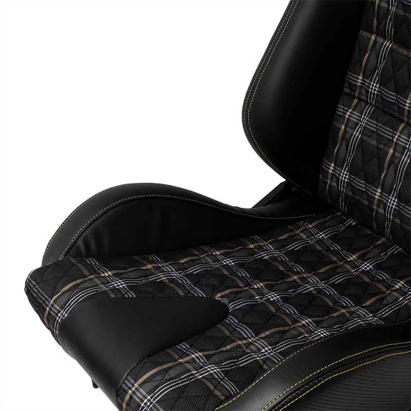 Siège baquet 'GT' - Simili Cuir Noir + Tissu en motif à carreaux Jaune + Surpiqûres Jaune - Dossier réglable - incl. glissières