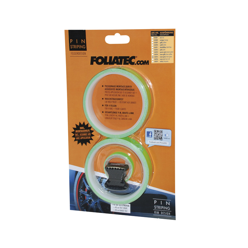 Foliatec PIN Striping pour jantes incl. pièce de montage - neon vert - 4 bandes 6mmx2,15mètre & 1 teste 6mmx40cm