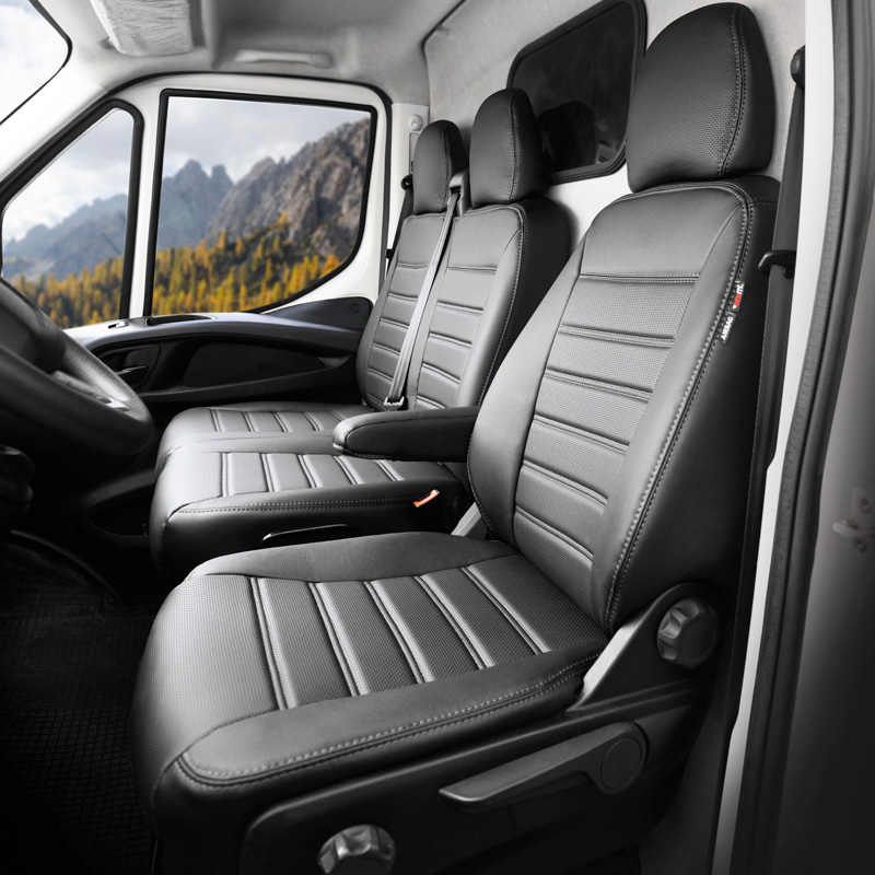 New York Design Housses de siège en cuir artificiel 2+1 sur mesure pour Volkswagen T6 2015-2022 (avec accoudoir sur la banquette)