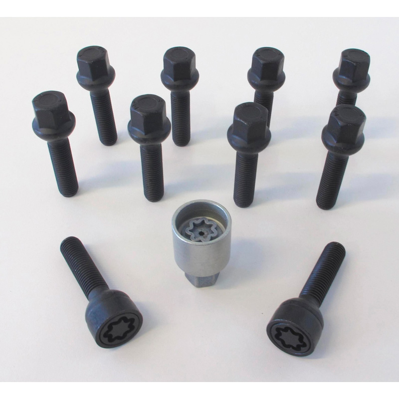 Jeu de Boulons de roue H&R sphérique R12 M12x1.50 - Longueur 43mm - Noir - 10 pièces (p.e. sur mesure pour Mercedes) - antivol de roue inclus