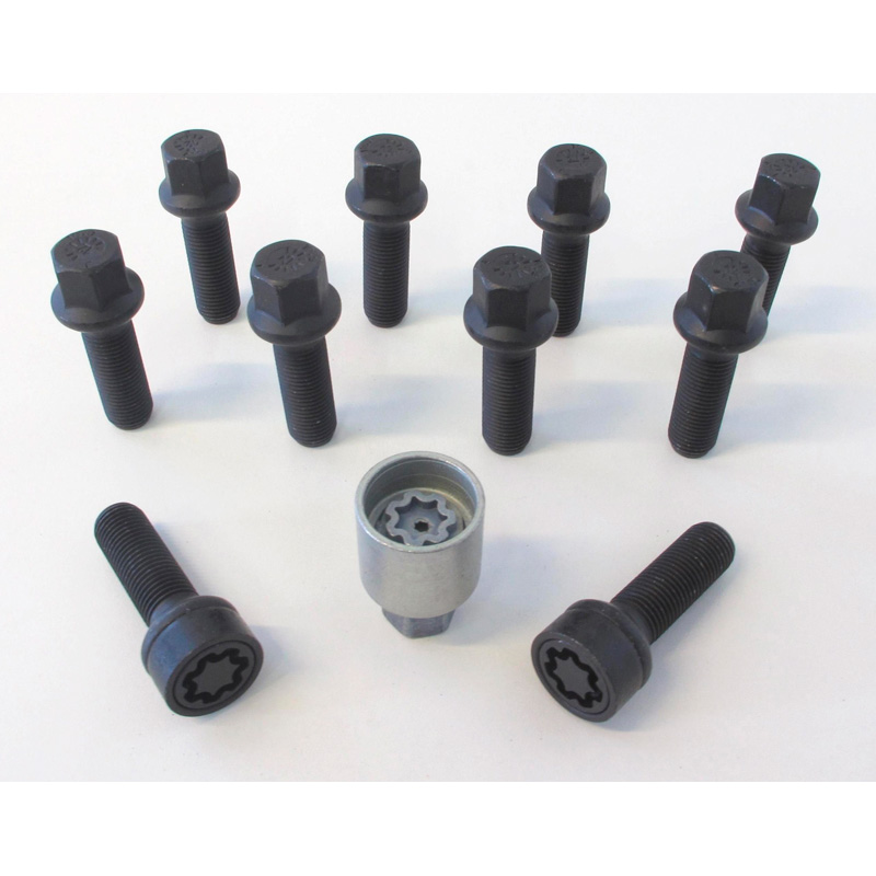 Jeu de Boulons de roue H&R sphérique R14 M14x1.50 - Longueur 60mm - Noir - 10 pièces - antivol de roue inclus