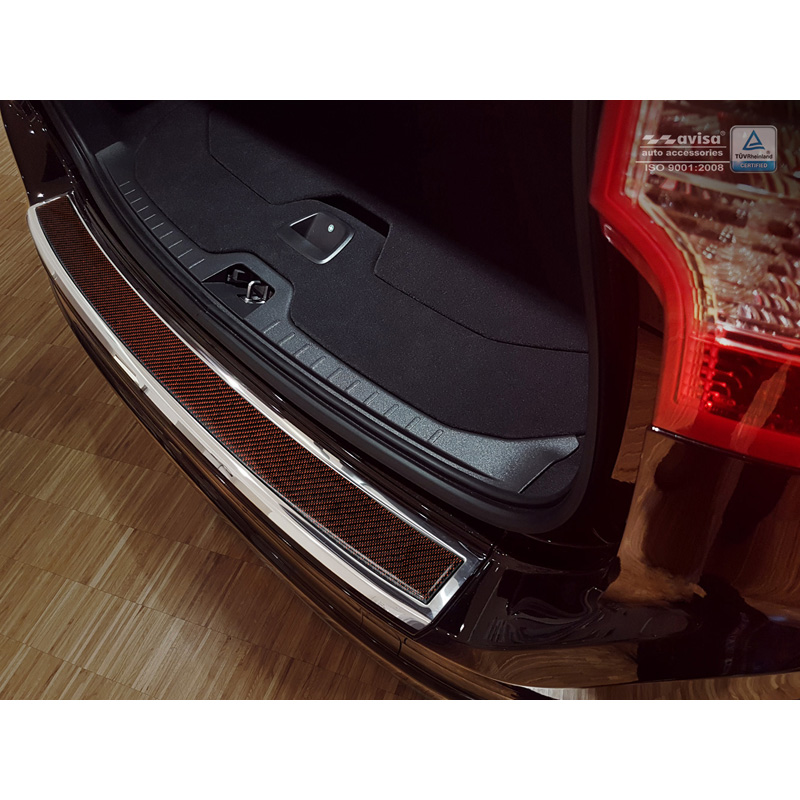 Protection de seuil arrière inox 'Deluxe' sur mesure pour Volvo XC60 2013-2016 Chromé/Carboné noir-rouge