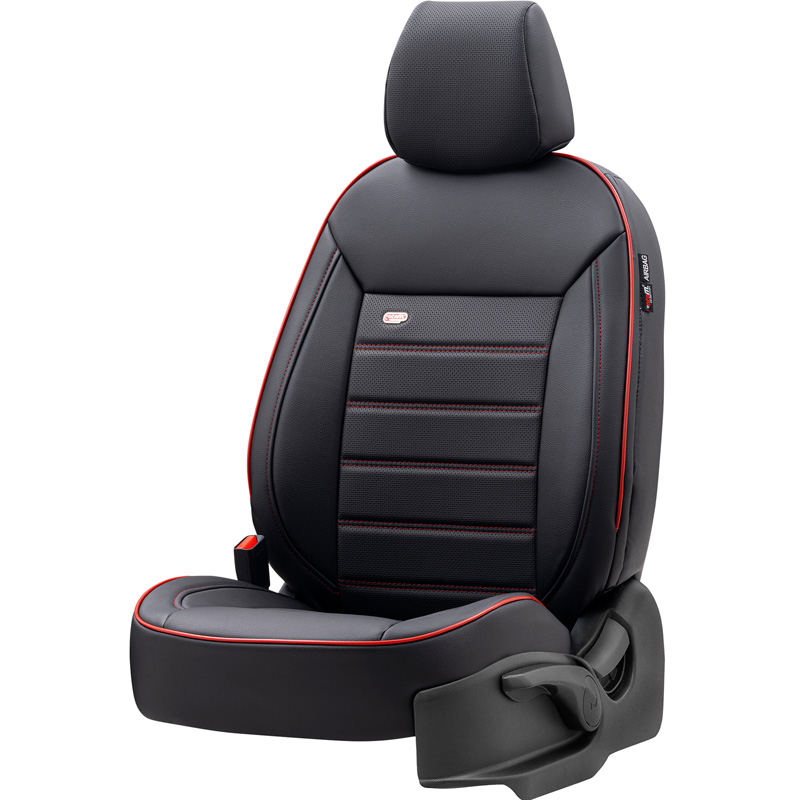 Housse de sièges universel en plein cuir 'Premium' Noir + Lisière rouge - 11-pièces - adapté aux Side-Airbags