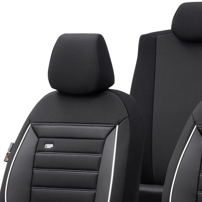 Housse de sièges universel en textile 'Prestige' Noir/Anthracite + Lisière blanc - 11-pièces - adapté aux Side-Airbags