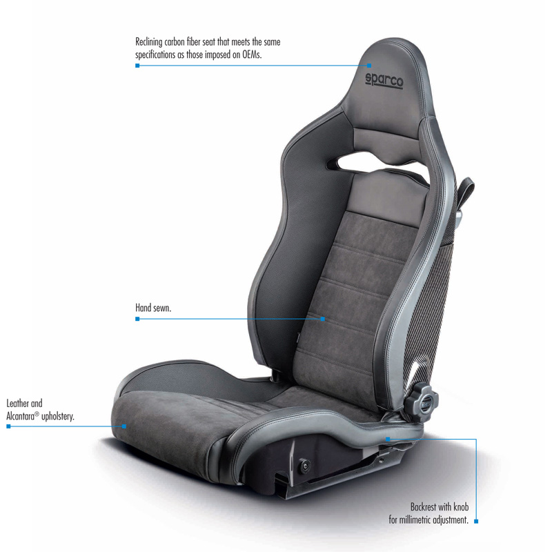 Sparco Siège Baquet SPX DX - Passenger version (Right) - Cuir/Alcantara Noir + Dossier en Carbone - Réglable du Côté Droit
