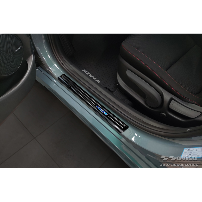 Seuils de portes inoxydable noir sur mesure pour Hyundai Kona 2017-2020 & FL 2020-2023  'Hybrid' - 4-pièces