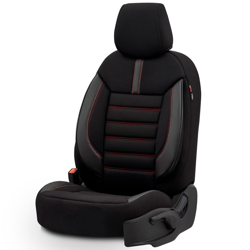 Housse de sièges universel en textile/cuir 'Limited' Noir + Surpiqûres rouge - 11-pièces - adapté aux Side-Airbags