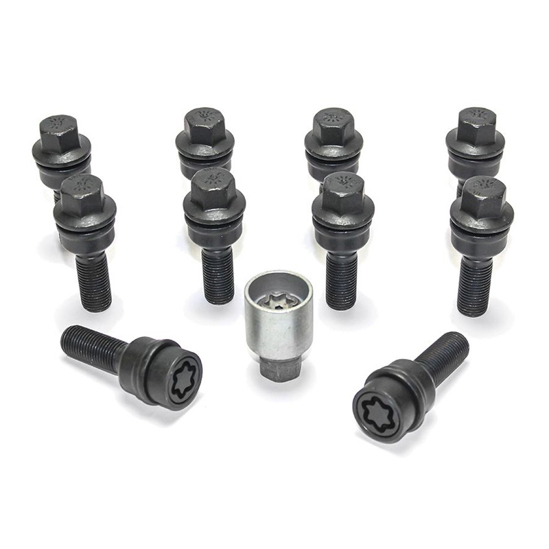 Jeu de Boulons de roue H&R sphérique avec cône mobile R14 M14x1.50 - Longueur 48mm - Noir - 10 pièces (p.e. sur mesure pour Audi Q3, Q5) - antivol de roue inclus