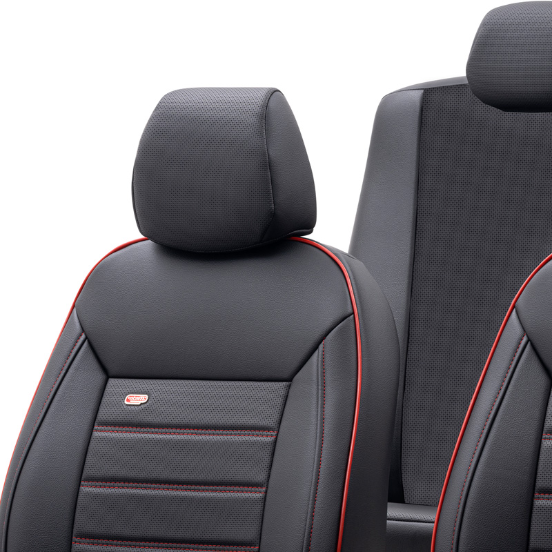 Housse de sièges universel en plein cuir 'Premium' Noir + Lisière rouge - 11-pièces - adapté aux Side-Airbags